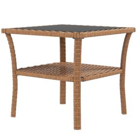 Outdoor Wicker Coffee Table Rattan Patio Furniture 2-Tier Storage Shelf Aluminum Frame Square Side Table Tempered Glass Top Sand