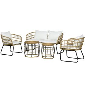 5-Piece PE Rattan Outdoor Set Cushioned Chairs Loveseat Sofa & Coffee Tables Cream White