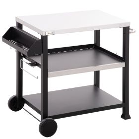 Grill Cart Table Outdoor, 3-Shelf Stainless Steel, Pizza Oven Stand, Black with BBQ Wheels & Side Handle